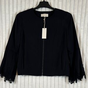 NWT Mika Mindel full zip bell sleeve lace trim dress blazer jacket M collarless